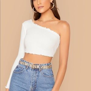 Ribbed Lettuce-Edge One-Shoulder Crop Top